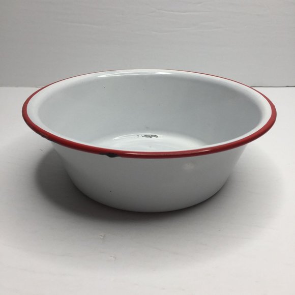 Vintage Set of 3 White Enamelware Bowls Red Kitchen Home Decor Decoration - Picture 10 of 16